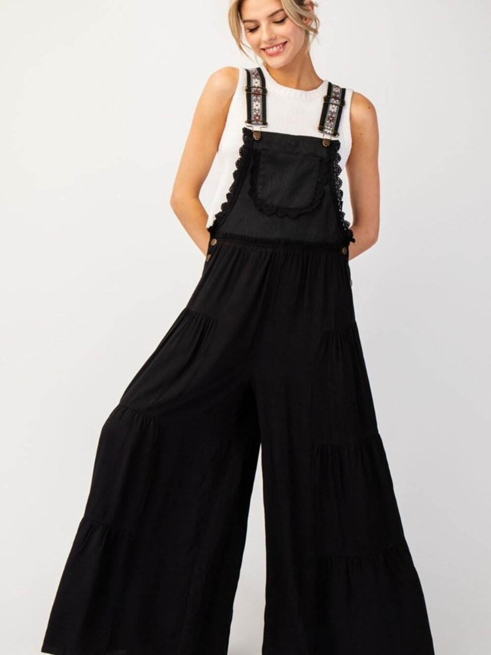 Lace Trim Tiered Sleeveless Jumpsuit